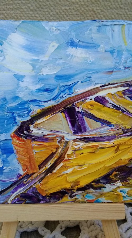 Yellow Fishing boat miniature painting by Oksana Fedorova