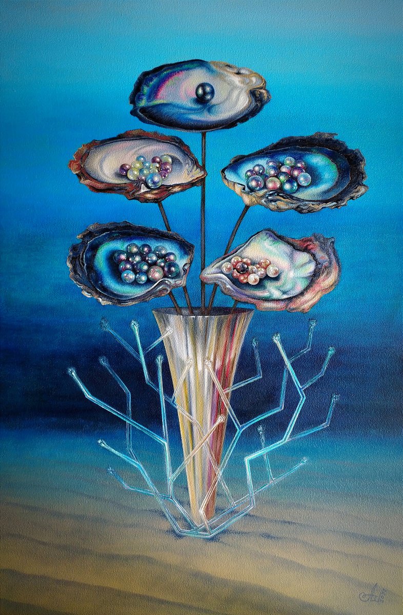 Surrealistic Botanical Oil Painting By Anna Shabalova, 16 X 24, Flowers Of The Ocean, Original Artwork