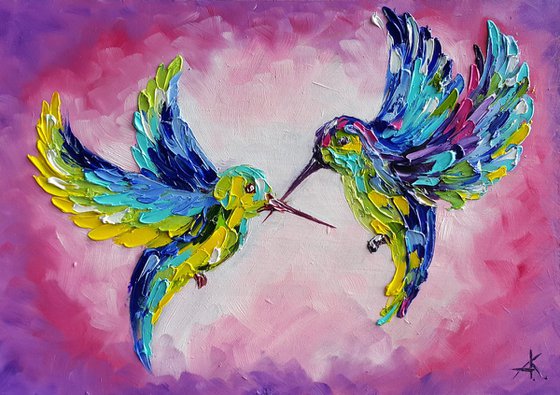 Pink dreams - birds oil painting, hummingbirds, birds, oil painting, love oil painting