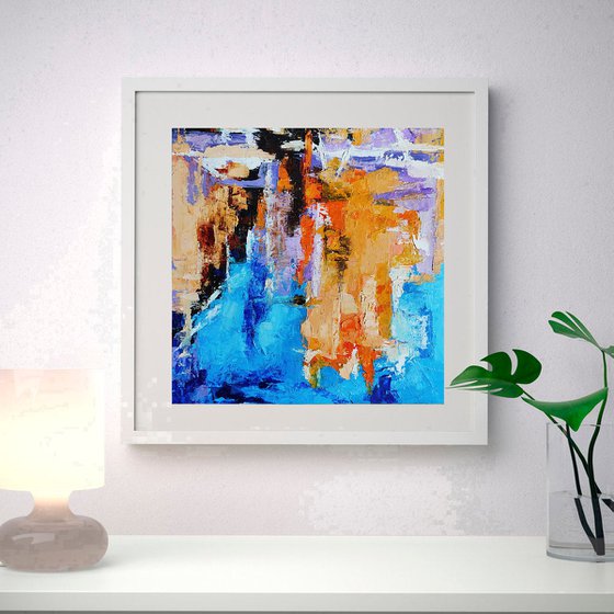 Reflections N 1, Abstract Painting Small Original Art Blue Orange Artwork Multicolor Geometric Wall Art 10 by 10