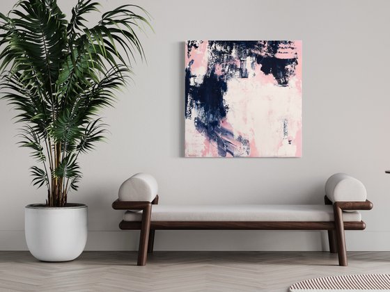 PALE PINK ILLUSIONS - 70 x 70 CM - ABSTRACT PAINTING ON CANVAS * BRIGHT PINK* GREY * DEEP BLUE