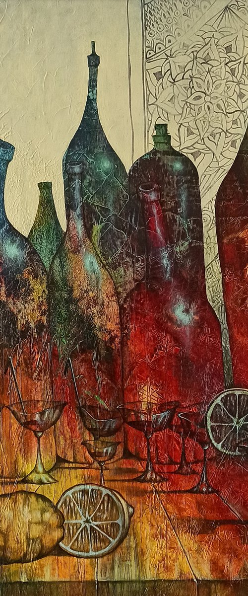 Still life with bottles 70x45cm ,Acrylic/canvas by Aram Movsisyan
