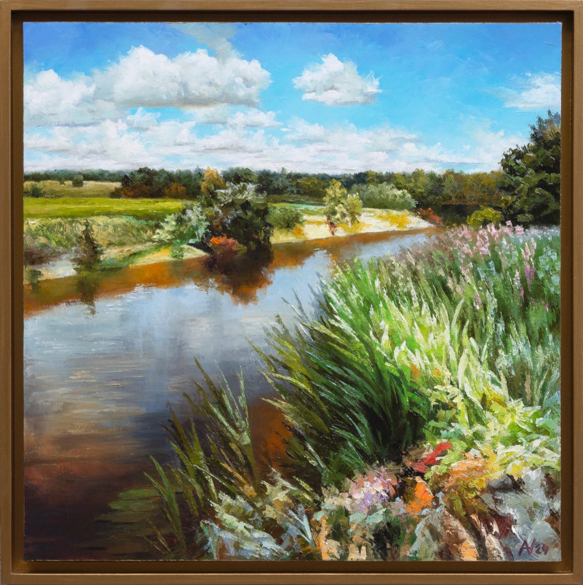 Impressionistic Landscape Oil Painting By Oleksii Vylusk, 21 X 21", Turn Of River 07, Original Artwork