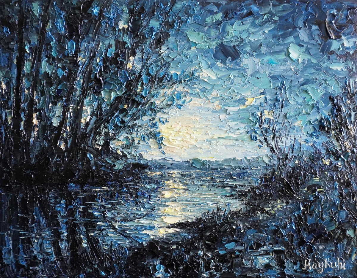 Impressionistic Landscape Oil Painting By Haykuhi Khachatryan, 18 X 14, Stillness In Blue, Original Artwork