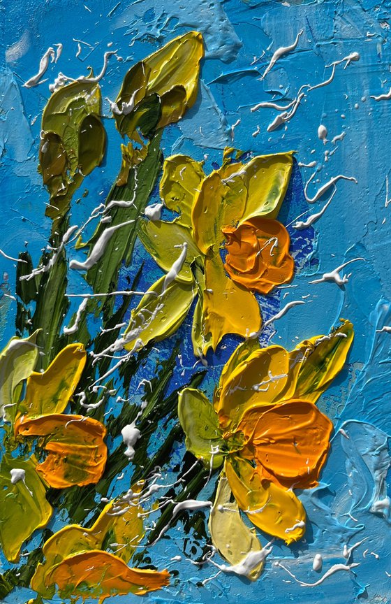 Daffodil Painting Floral Original Art Flower Oil Impasto Artwork Small Wall Art 4 by 6" by Halyna Kirichenko