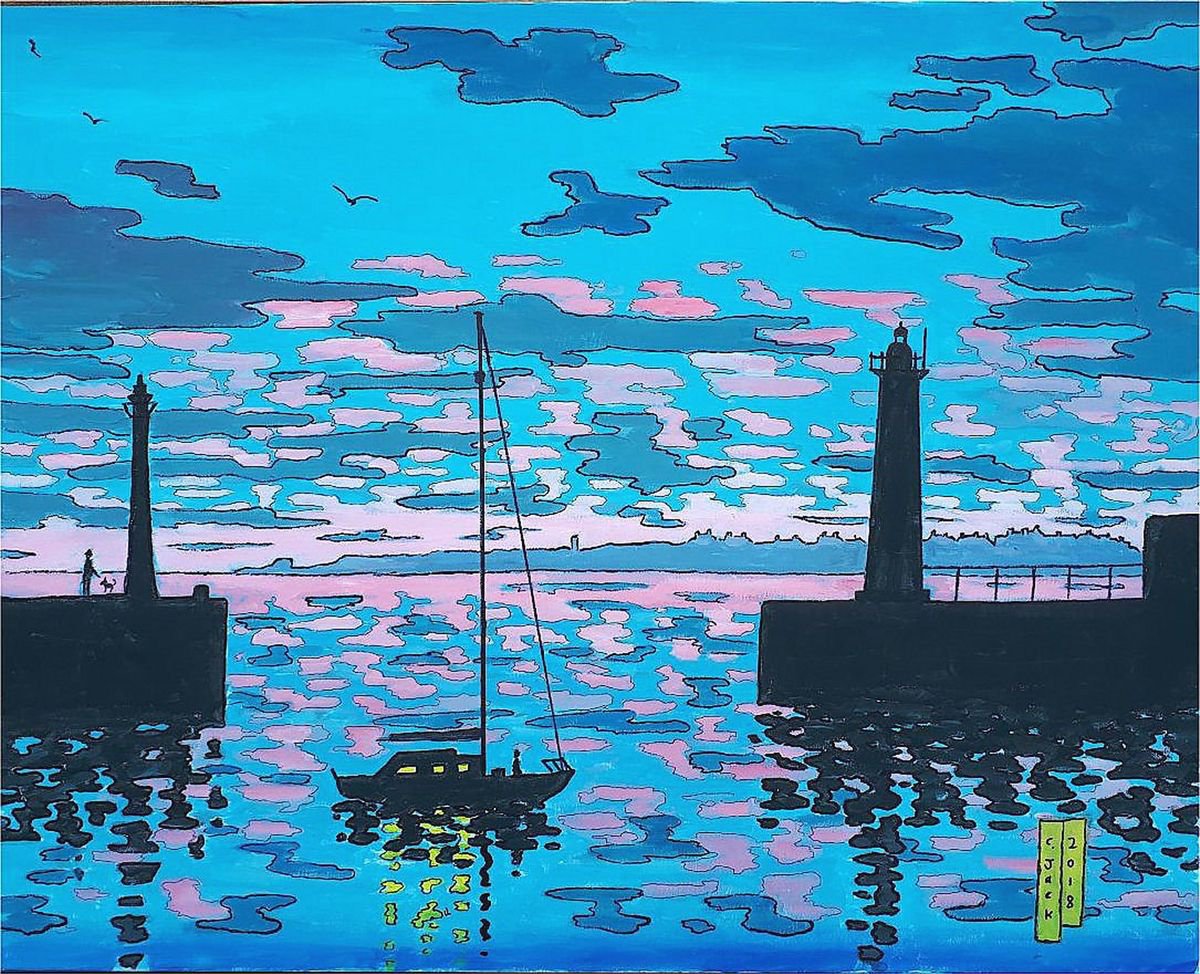 Landscape Acrylic Painting By Colin Ross Jack, 30 X 24, Sunset, Anstruther Harbour, Original Artwork
