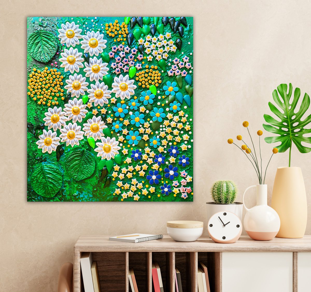Daisies and forget-me-nots in colorful summer garden. Flowers bas-relief, mosaic by BAST