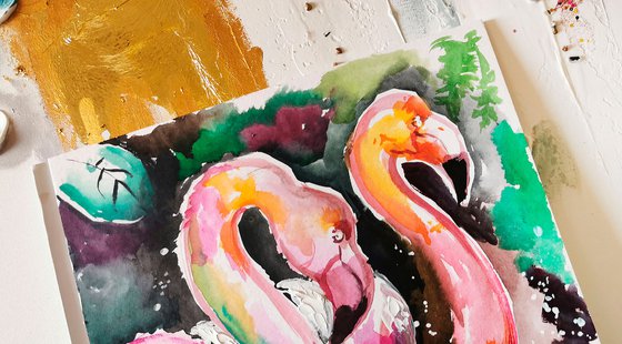 Flamingo Art, watercolor painting