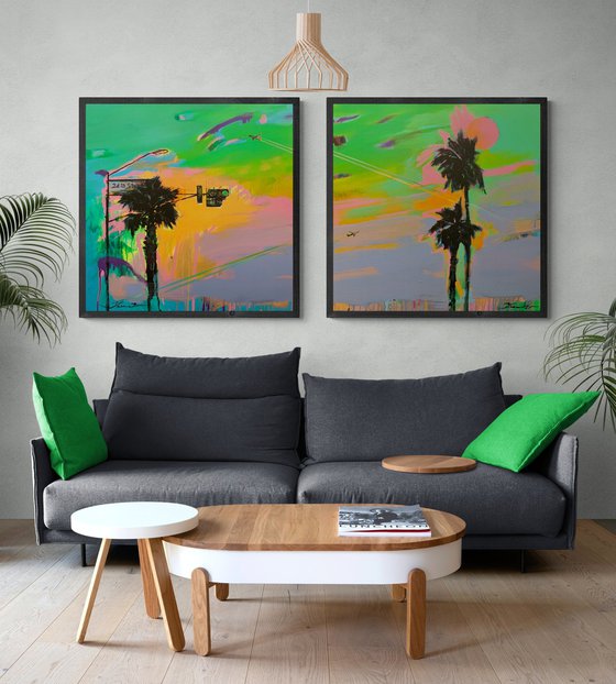 Big XXL artwork - "Green light" - Pop Art - Palm - Diptych - Street Art - Expressionism - Sunset