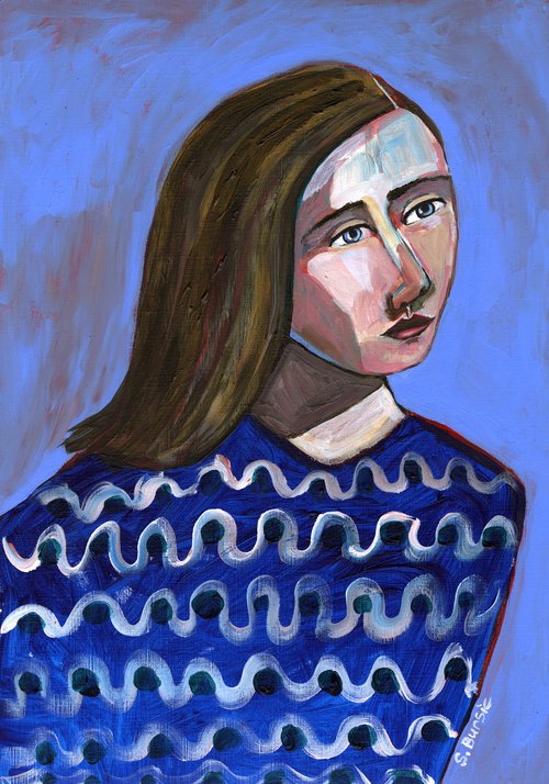 Woman in Blue Sweater Naive Portrait Lady Girl Looking Up and Thinking by Sharyn Bursic