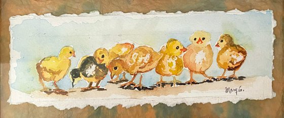 Adorable odd chick Original Watercolor Painting matted on handmade paper framed