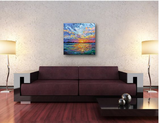 Magical Sunset - Original Sunset Painting on Canvas, Heavy impasto seascape artwork