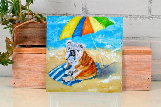 Beach season, Bulldog Painting Original Art Funny Pet Artwork Beach Wall Art English Bulldog on the beach