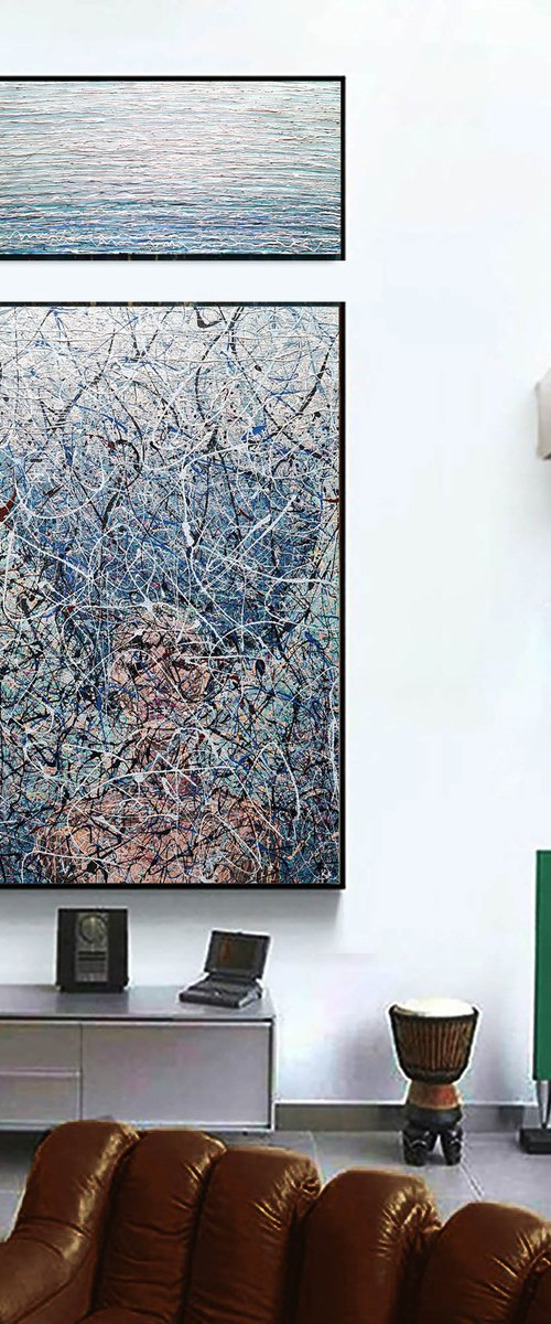 White gray blue abstract Painting with sens Dreams painting Zen painting Meditation abstract diptych by Nadiia Antoniuk