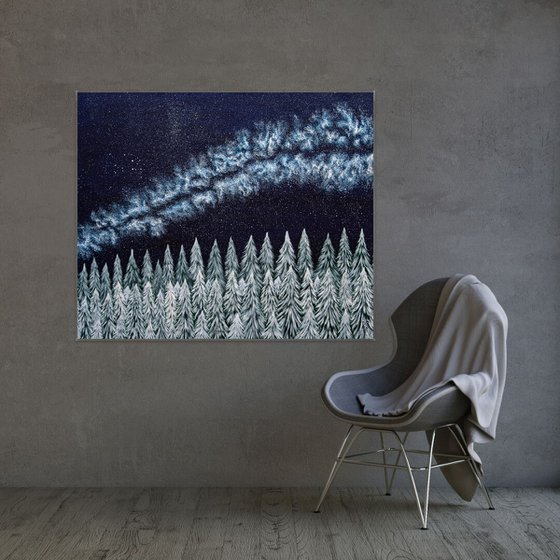 Starry night in winter woods