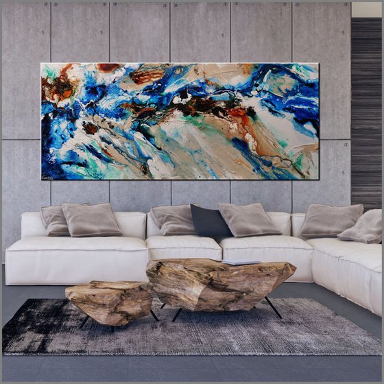 Natures Vice 240cm x 100cm Blue Cream Textured Abstract Art