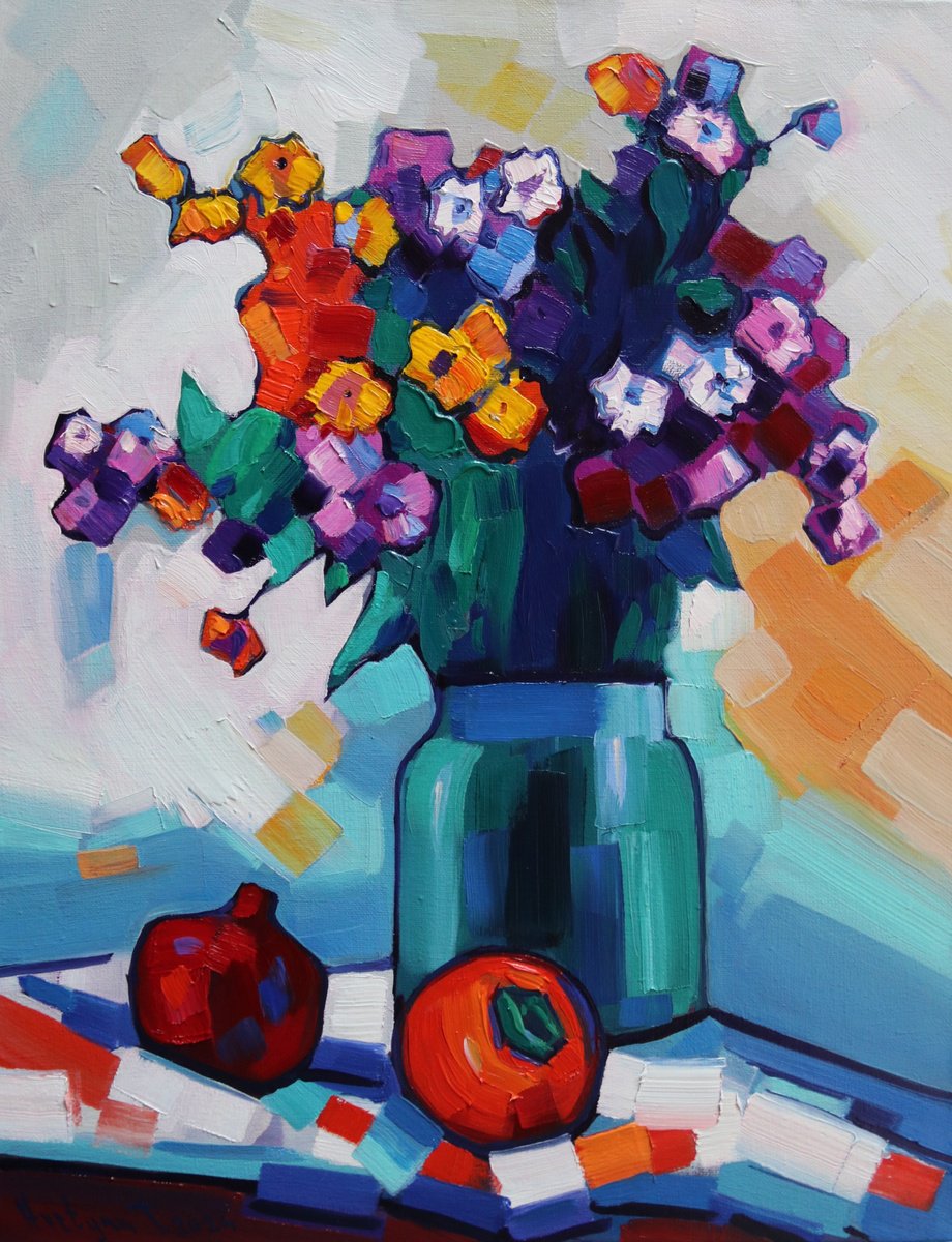 Expressive Still Life Oil Painting By Tigran Avetyan, 14 X 18", Flowers, Original Artwork