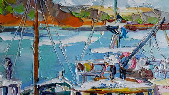 Painting Fishing boats, Nautical Painting, boat yacht bay