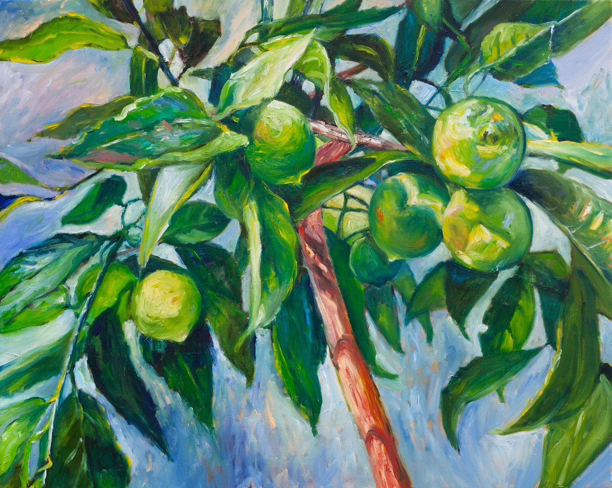 Impressionistic Botanical Oil Painting By Liudmila Pisliakova, 20 X 16", Lime, Original Artwork