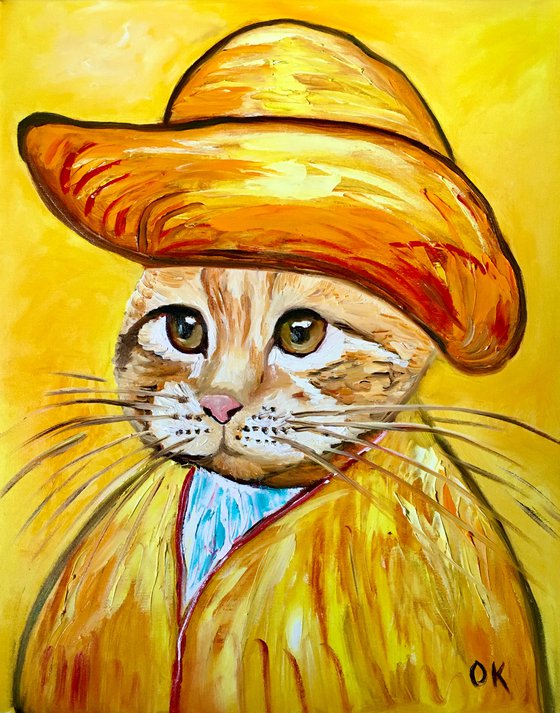 Cat in a straw hat with green eyes La Vincent Van Gogh inspired by self-portrait