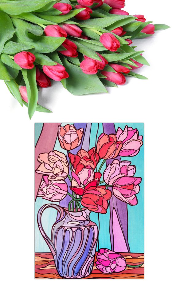 Pink tulips in vase - abstract flowers in stained glass cubism style