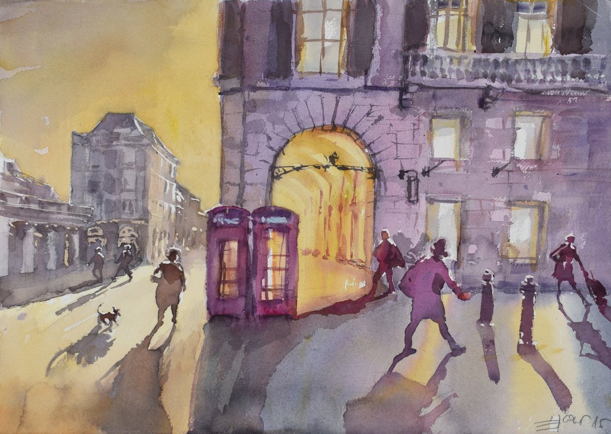 Expressive Cityscapes Watercolour By Goran Zigolic Watercolors, 21 X 15, Covent Garden Evening, Original Artwork
