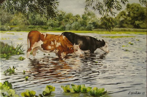 Cow Watering Painting Farm Art