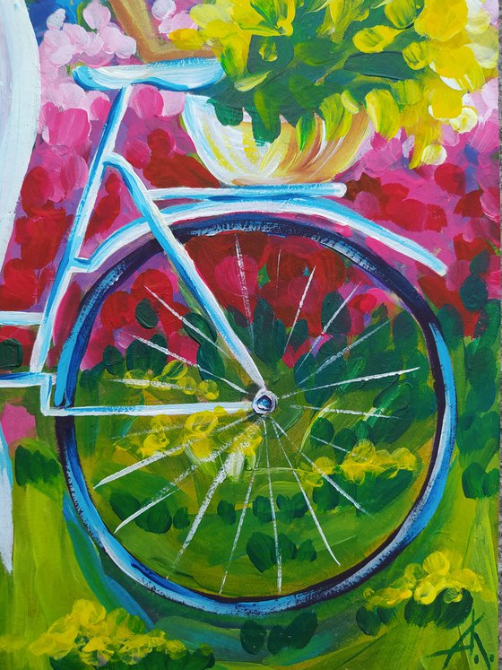 Repose - acrylic painting, bike, tulips, girl, woman, flowers, tulips field, relaxation, woman and bike