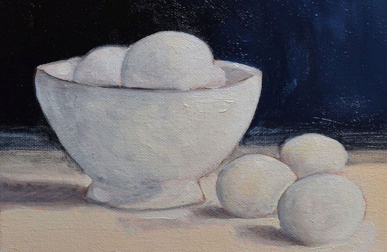 Bowl with Eggs Still Life Oil Painting with Lacquered Golden Leaf Sides