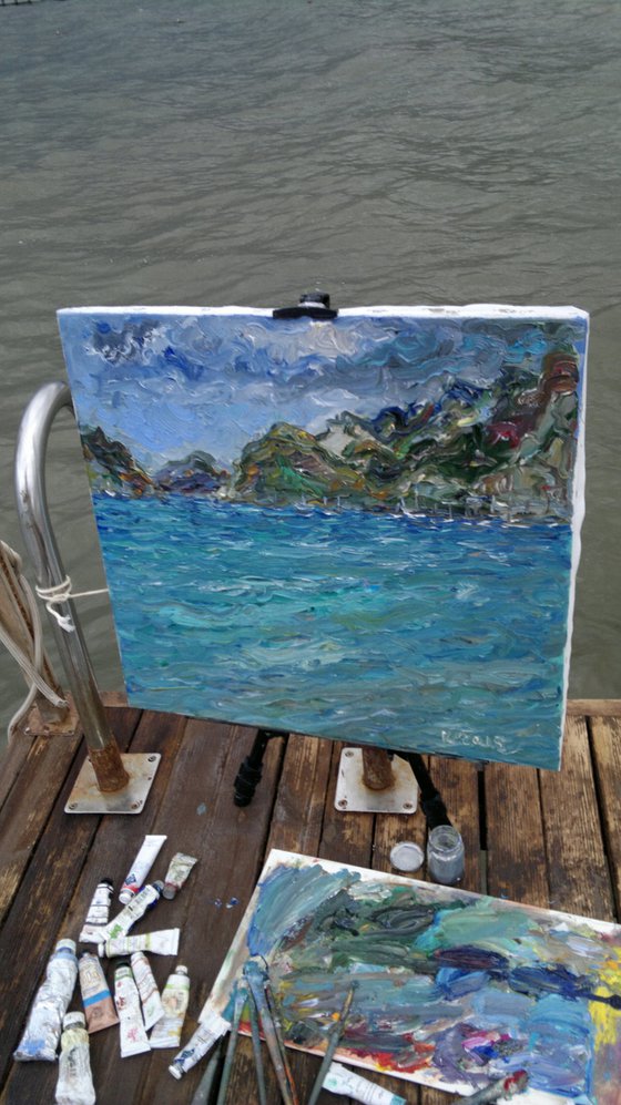 MARMARIS BAY - landscape oil painting, marina seascape, beach,  boat, turkish Turkey bay - home decor interior art  65x70