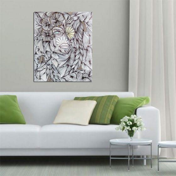 Merger - permanent marker drawing on paper image of nature face woman original gift home decor office interior