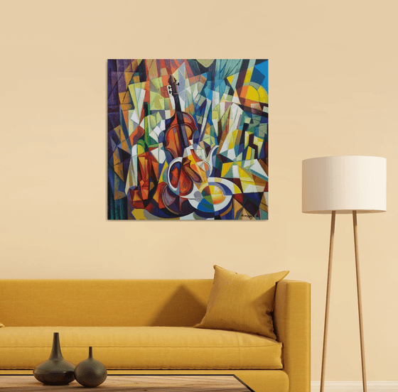 still life with violin (80x80cm, cubism, oil painting, ready to hang)