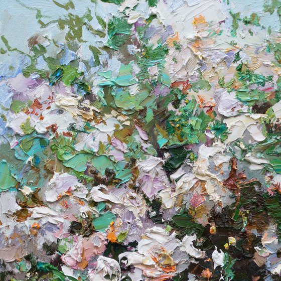 Summer white roses Impasto Original oil painting