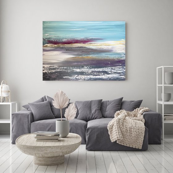 XL turquoise art.  Gray White Abstract Art.