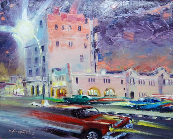 Malecon Havana Street Scene Oil Painting, Cityscape of Havana Cuba, Vintage Cuban Cars on Street, Ready to Hang Original Painting