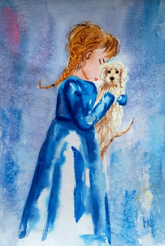 Girl and Dog Painting Portrait Original Art Girl and Puppy Small Watercolor Artwork Home Wall Art 8 by 12" by Halyna Kirichenko
