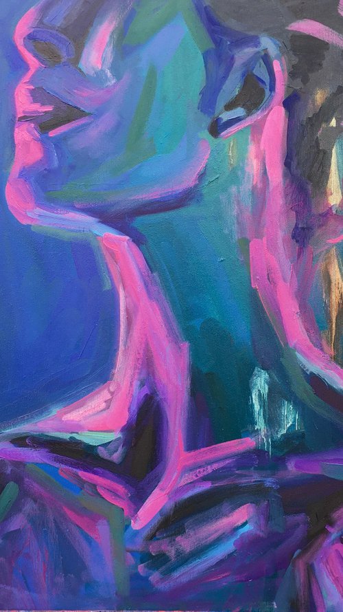 Сontemporary large nude woman portrait in purple and pink by Anna Miklashevich