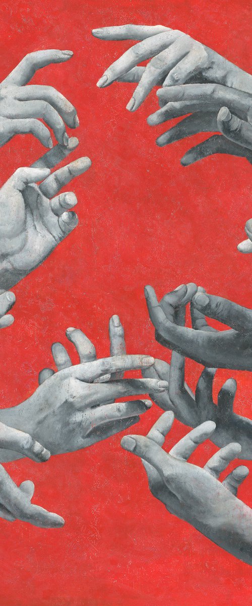 Infinity | Large Painting With Monochrome Hands On A Red Background by Margarita Stepanova