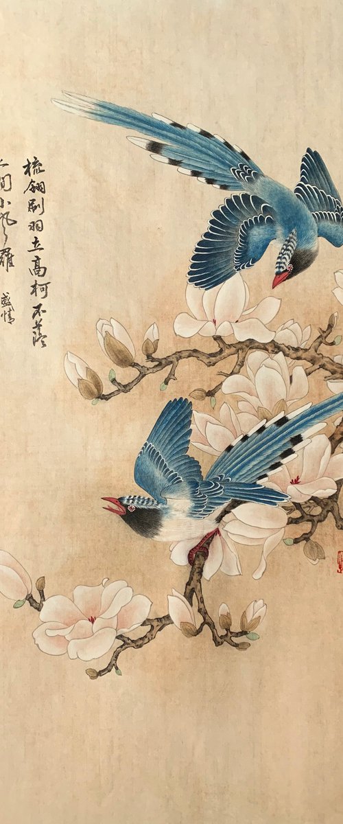 Magnolia Flower & Blue Magpies, Original Gongbi Brush Painting by Fiona Sheng