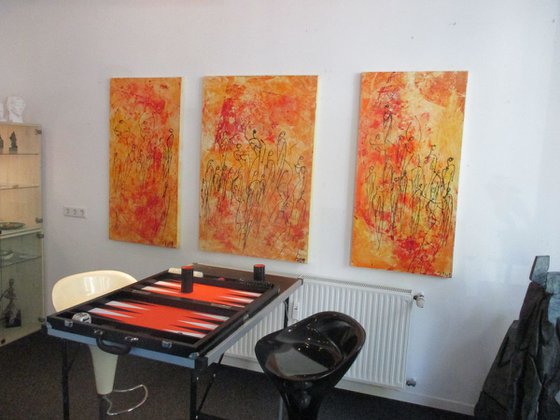orange Dancers on canvas  Triptychon 47,3 x 79 inch