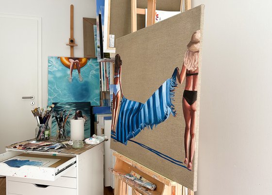 Women with Blue Towel - Female Figure on Beach