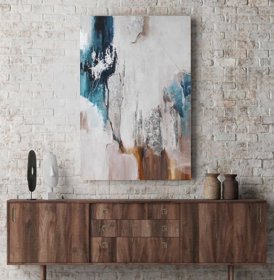 "Silver Flow" Navy silver abstract wall art