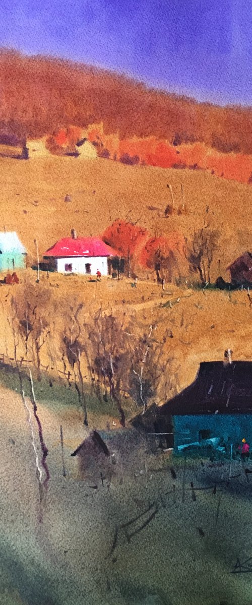 Before sunset in the mountains autumn Original watercolor painting by Andrii Kovalyk