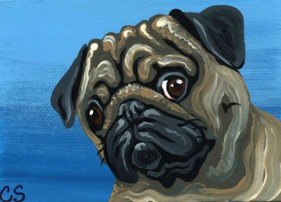 ACEO ATC Original Miniature Painting Fawn Pug Pet Dog Art-Carla Smale