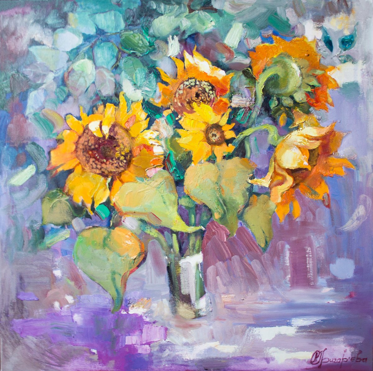 Impressionistic Botanical Oil Painting By Anastasiia Grygorieva, 31 X 31, Sunflowers, Original Artwork