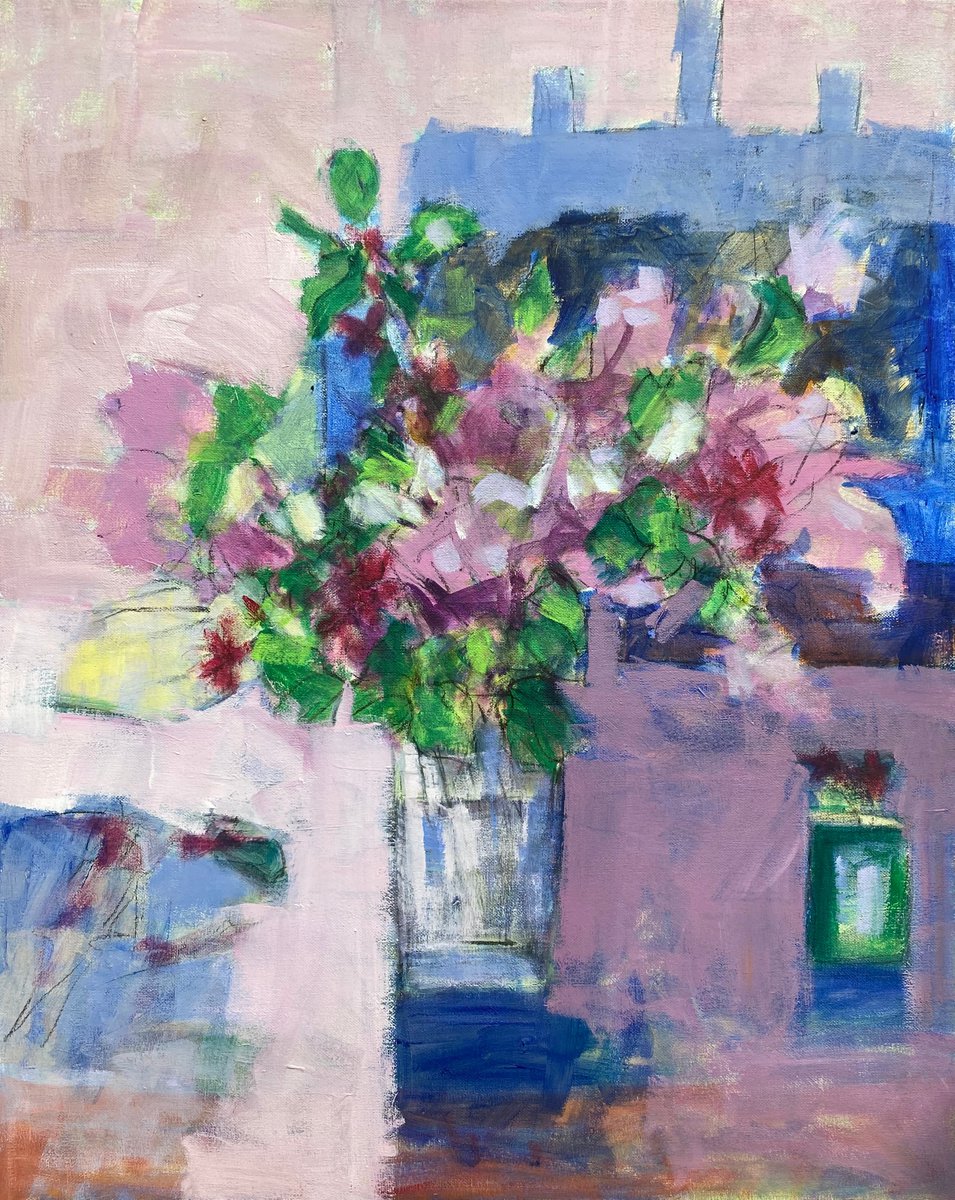 Flowers with Blue Pink by Chrissie Havers