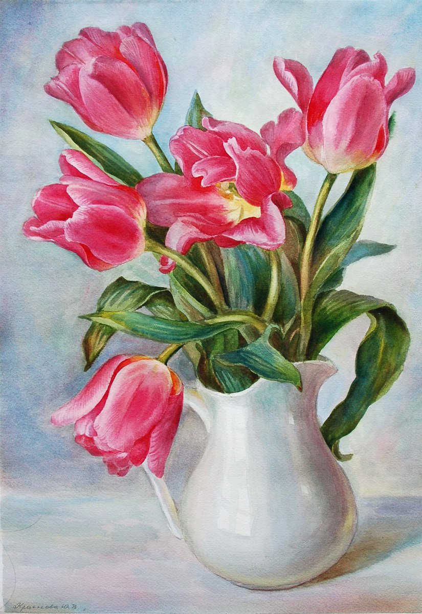 Photorealistic Botanical Watercolour By Yulia Krasnov, 13 X 20", Tulips In A White Jug, Original Artwork