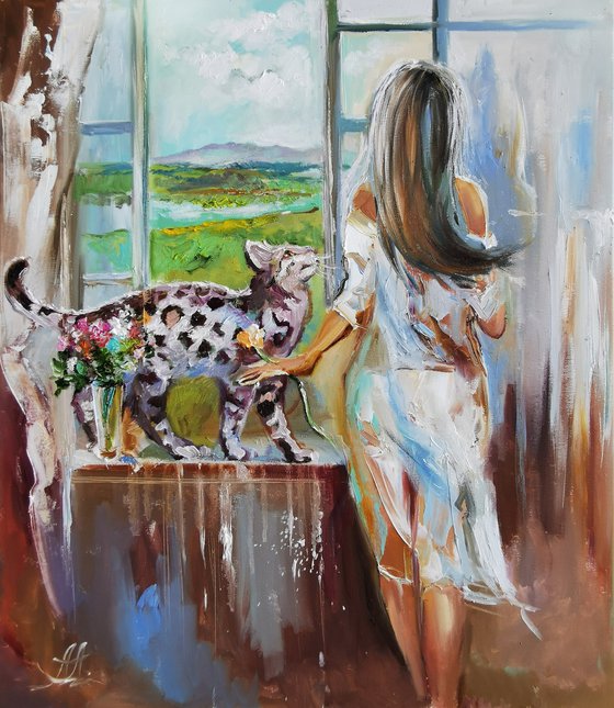 Girl with a big cat painting in Boho style