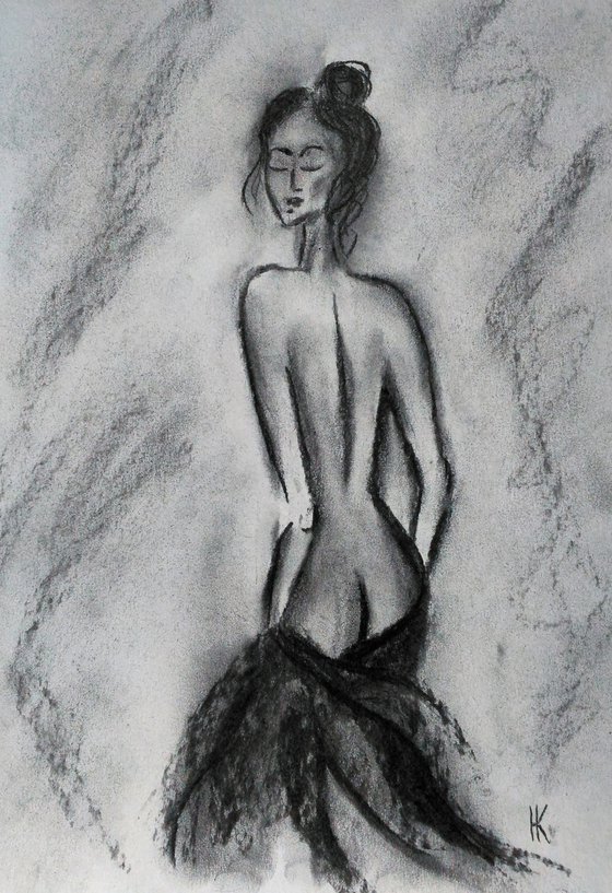 Female Nude Painting Figurative Original Art Woman Standing Nude Drawing Back View Bedroom Bathroom Charcoal Wall Art 12 by 17 inches