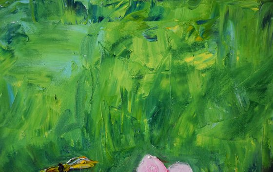 Spring flowers oil painting on canvas, pink flower, green wall art